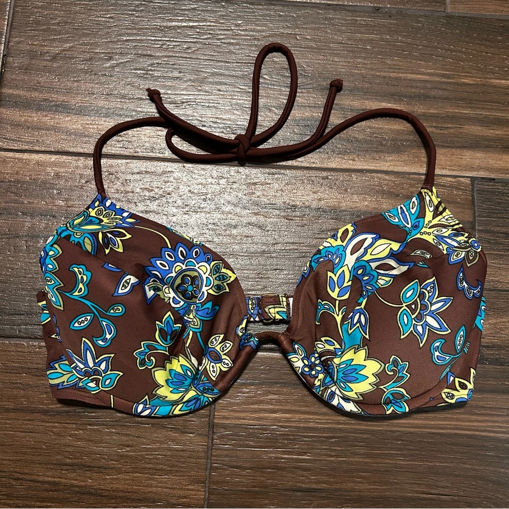 Victoria’s Secret Swim 38C Bikini Top Brown‎ Green Blue Floral Halter Padded